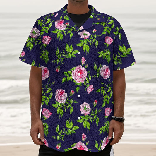Pink Rose Floral Flower Pattern Print Textured Short Sleeve Shirt