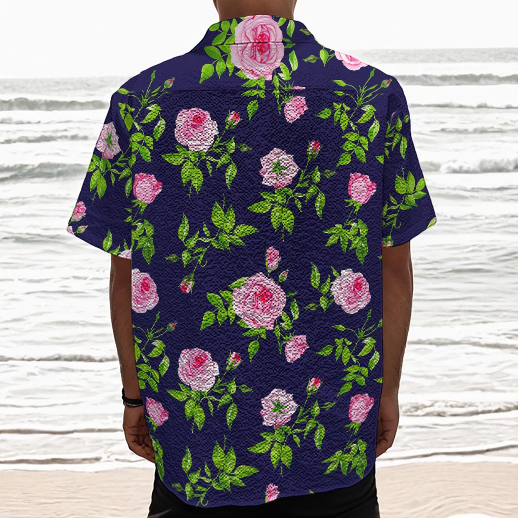 Pink Rose Floral Flower Pattern Print Textured Short Sleeve Shirt