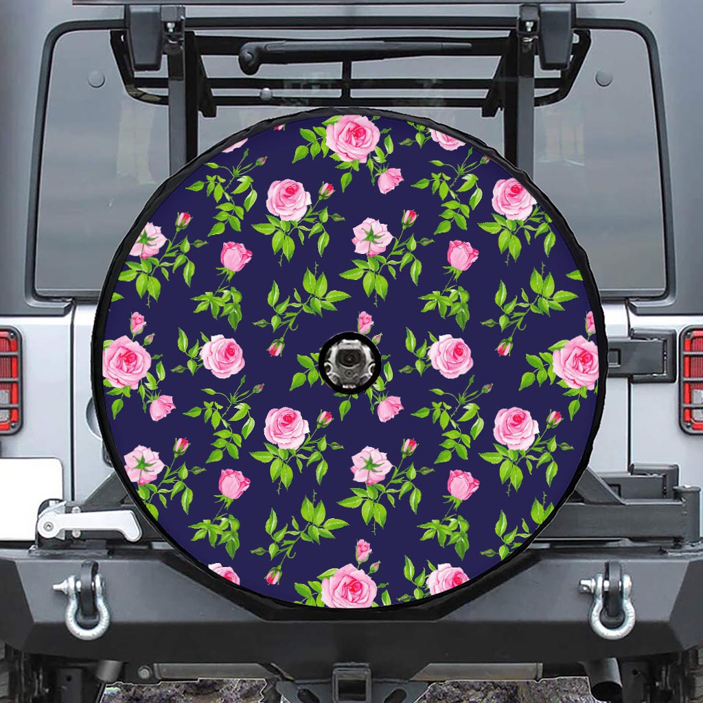 Pink Rose Floral Flower Pattern Print Tire Cover With Camera Hole
