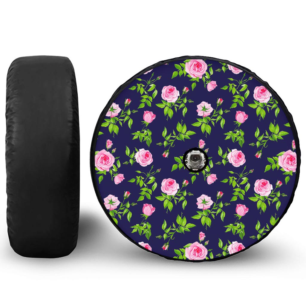 Pink Rose Floral Flower Pattern Print Tire Cover With Camera Hole