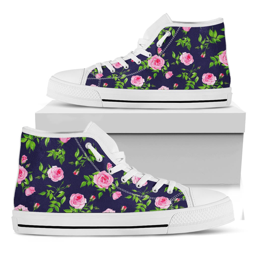 Pink Rose Floral Flower Pattern Print White High Top Sneakers