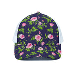 Pink Rose Floral Flower Pattern Print White Mesh Trucker Cap