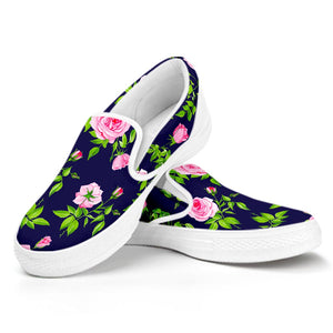 Pink Rose Floral Flower Pattern Print White Slip On Sneakers