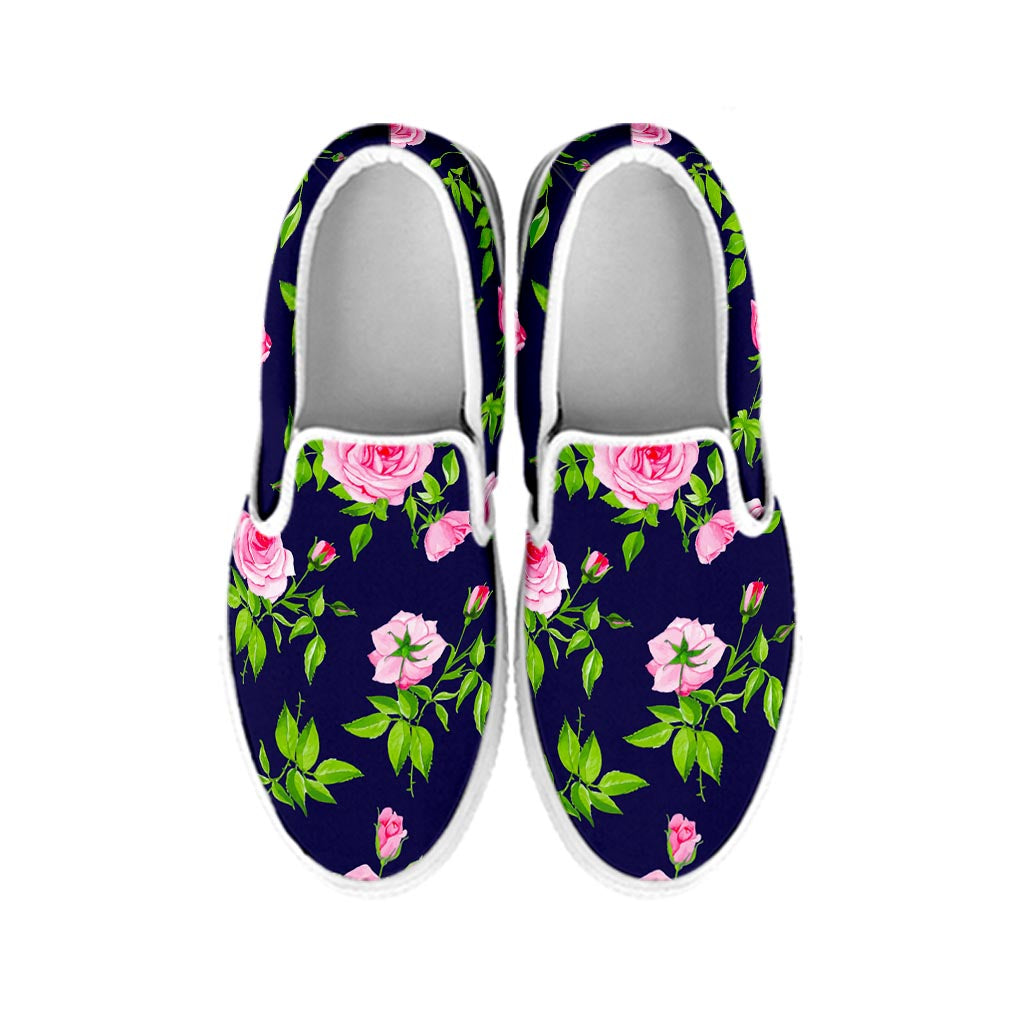 Pink Rose Floral Flower Pattern Print White Slip On Sneakers