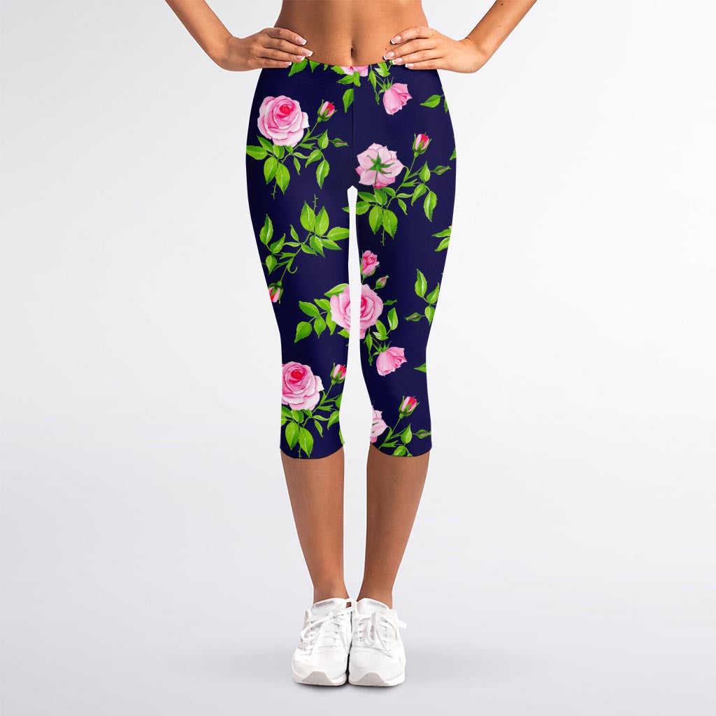 Pink Rose Floral Flower Pattern Print Women's Capri Leggings