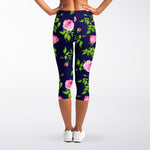 Pink Rose Floral Flower Pattern Print Women's Capri Leggings
