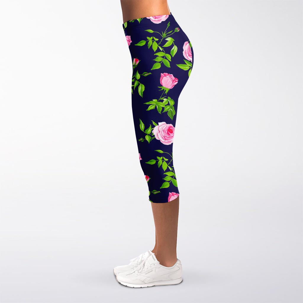 Pink Rose Floral Flower Pattern Print Women's Capri Leggings
