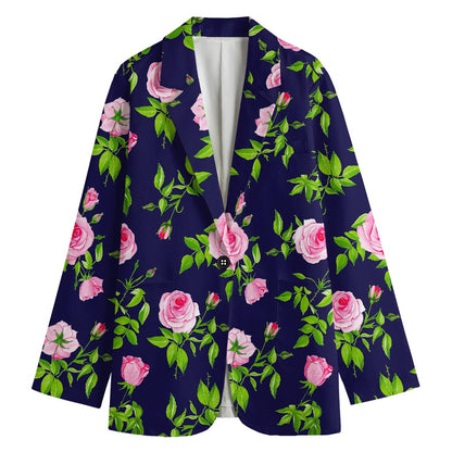 Pink Rose Floral Flower Pattern Print Women's Cotton Blazer