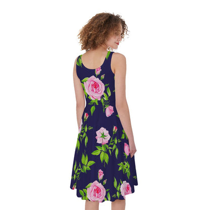 Pink Rose Floral Flower Pattern Print Women's Sleeveless Dress