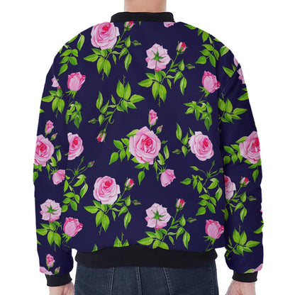 Pink Rose Floral Flower Pattern Print Zip Sleeve Bomber Jacket