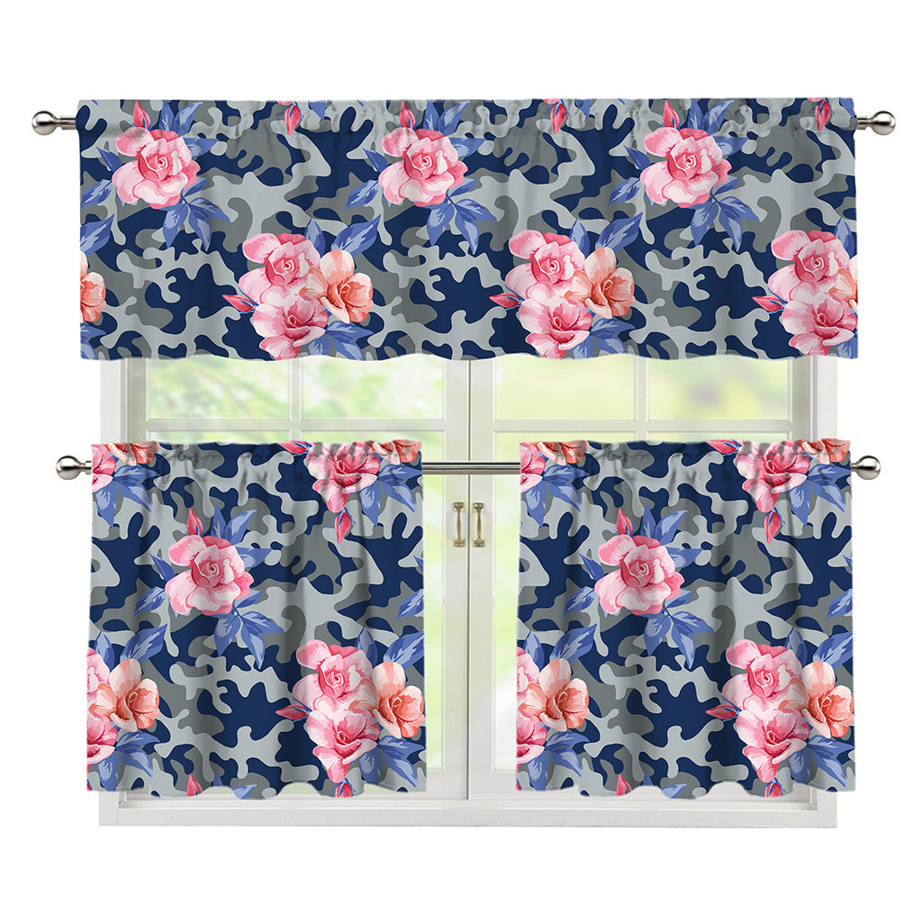 Pink Rose Flower Camouflage Print 3 Piece Kitchen Curtains