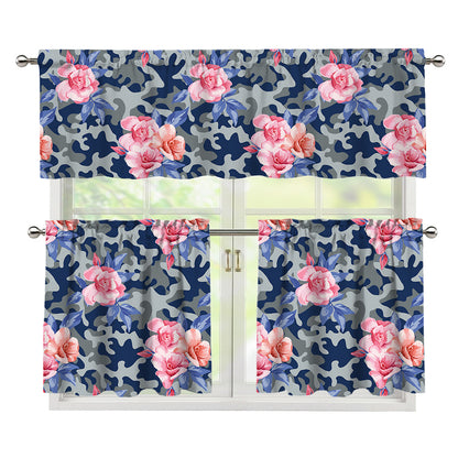 Pink Rose Flower Camouflage Print 3 Piece Kitchen Curtains