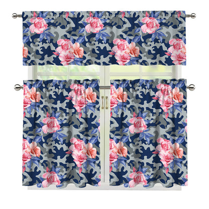 Pink Rose Flower Camouflage Print 3 Piece Kitchen Curtains