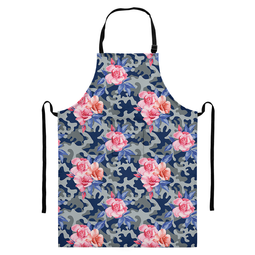 Pink Rose Flower Camouflage Print Bib Apron With Pocket
