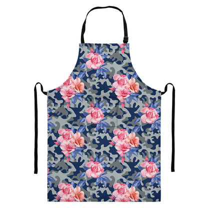 Pink Rose Flower Camouflage Print Bib Apron With Pocket