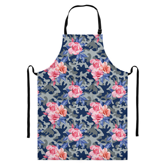 Pink Rose Flower Camouflage Print Bib Apron With Pocket