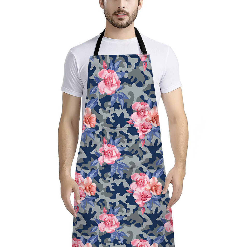 Pink Rose Flower Camouflage Print Bib Apron With Pocket
