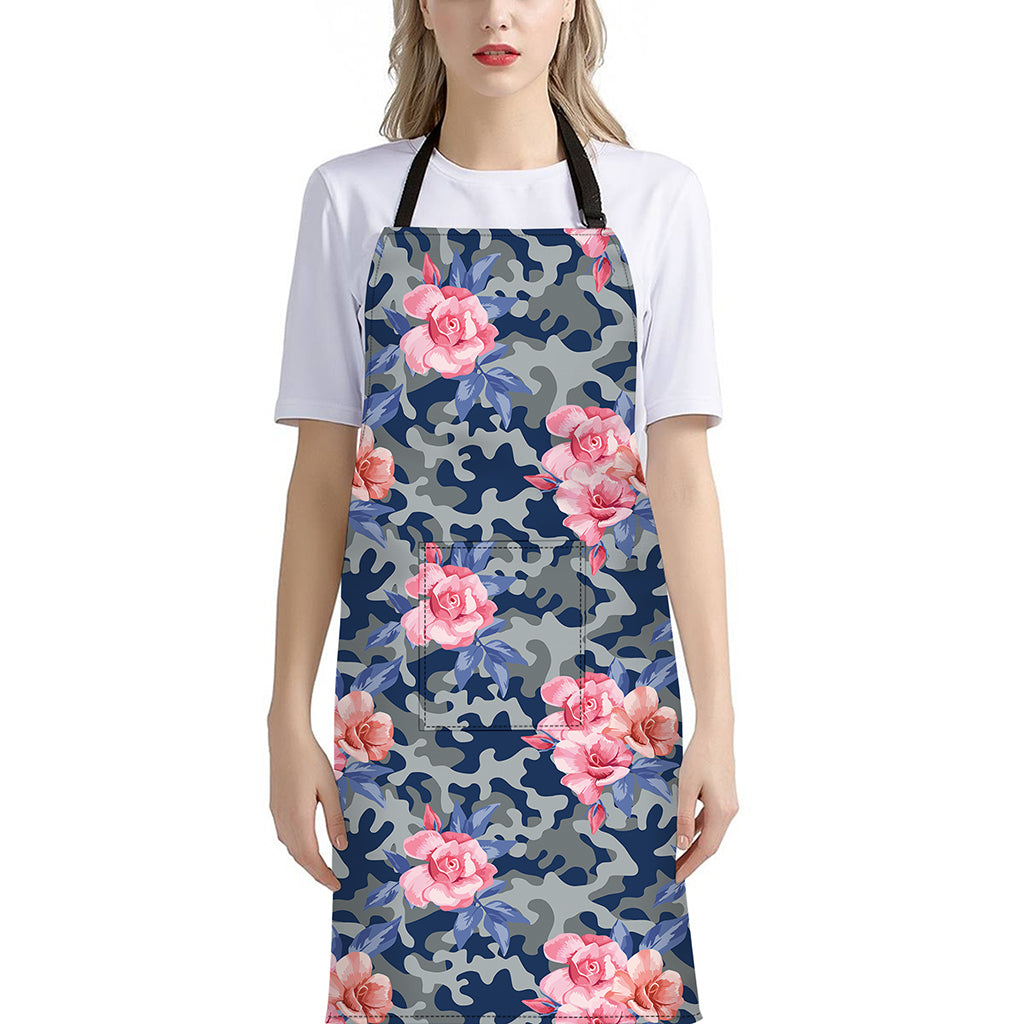 Pink Rose Flower Camouflage Print Bib Apron With Pocket