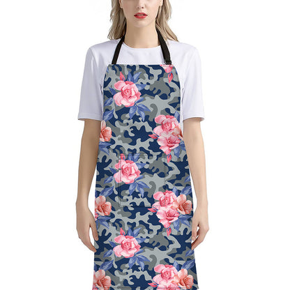 Pink Rose Flower Camouflage Print Bib Apron With Pocket