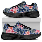 Pink Rose Flower Camouflage Print Black Chunky Shoes