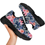 Pink Rose Flower Camouflage Print Black Chunky Shoes