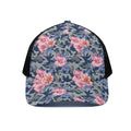 Pink Rose Flower Camouflage Print Black Mesh Trucker Hat