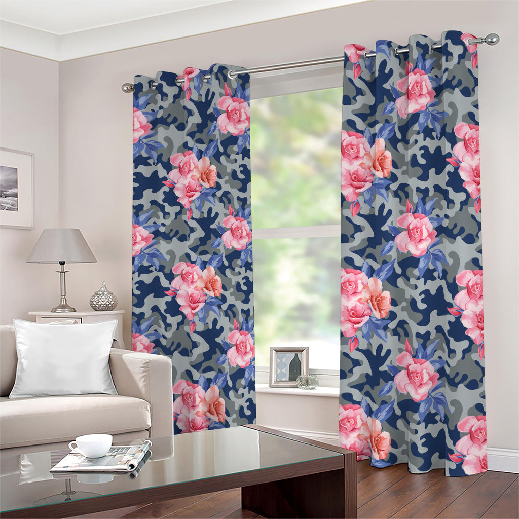 Pink Rose Flower Camouflage Print Blackout Grommet Curtains