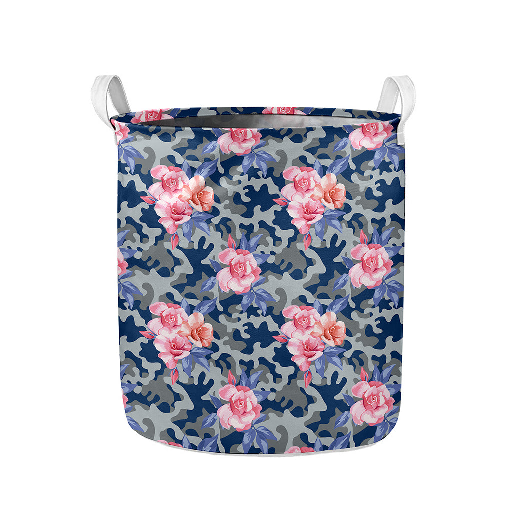 Pink Rose Flower Camouflage Print Collapsible Laundry Basket