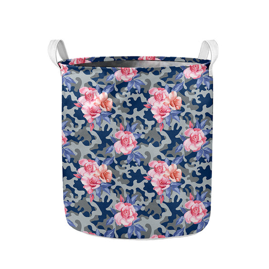 Pink Rose Flower Camouflage Print Collapsible Laundry Basket