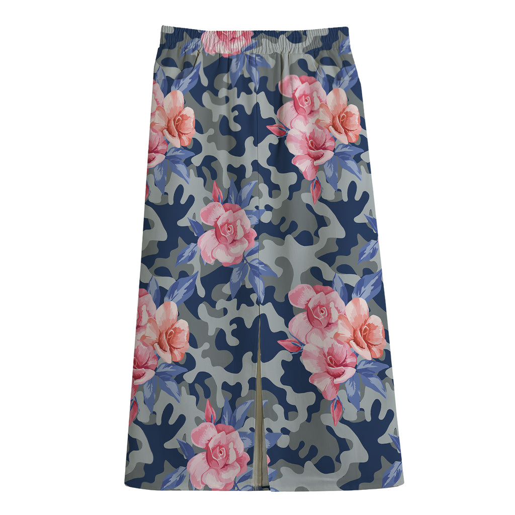 Pink Rose Flower Camouflage Print Cotton Front Slit Maxi Skirt