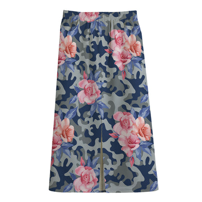 Pink Rose Flower Camouflage Print Cotton Front Slit Maxi Skirt