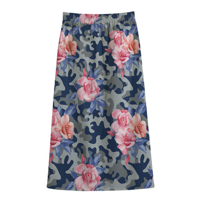Pink Rose Flower Camouflage Print Cotton Front Slit Maxi Skirt