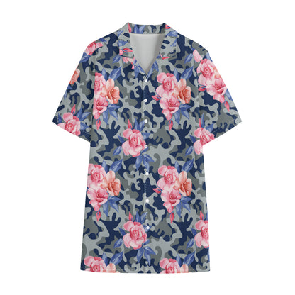 Pink Rose Flower Camouflage Print Cotton Hawaiian Shirt