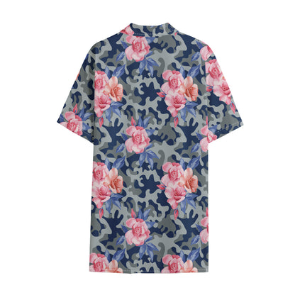 Pink Rose Flower Camouflage Print Cotton Hawaiian Shirt