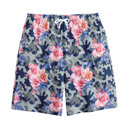 Pink Rose Flower Camouflage Print Cotton Shorts
