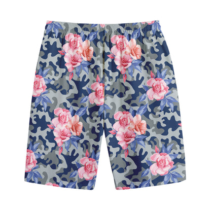 Pink Rose Flower Camouflage Print Cotton Shorts