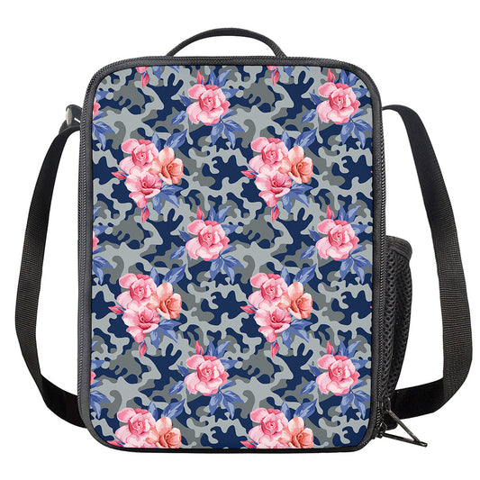 Pink Rose Flower Camouflage Print Crossbody Lunch Bag