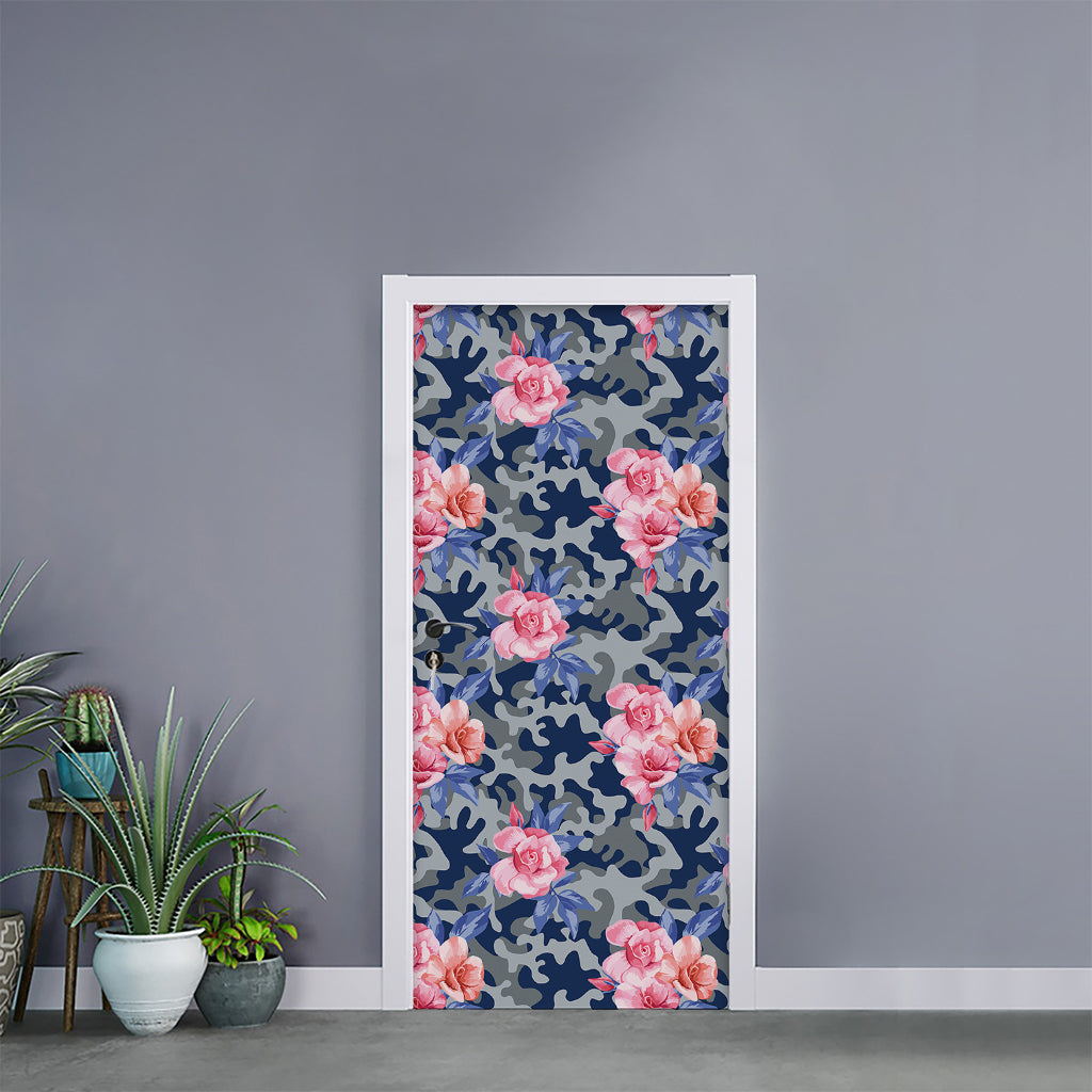 Pink Rose Flower Camouflage Print Door Sticker