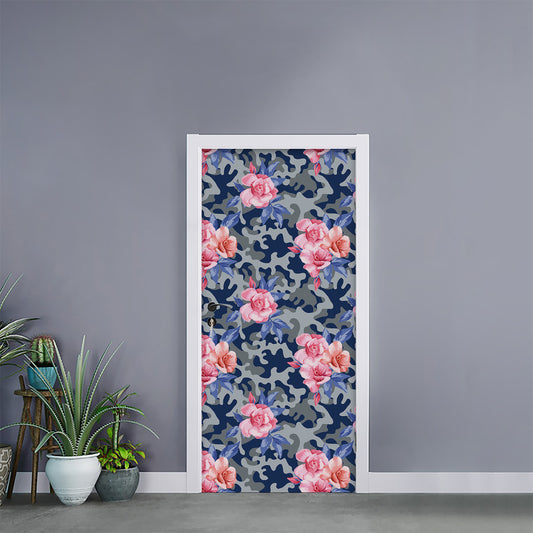 Pink Rose Flower Camouflage Print Door Sticker