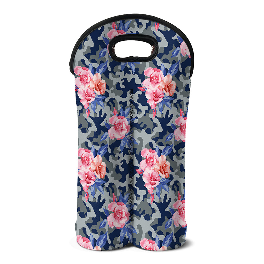 Pink Rose Flower Camouflage Print Double Neoprene Wine Tote