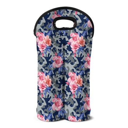 Pink Rose Flower Camouflage Print Double Neoprene Wine Tote