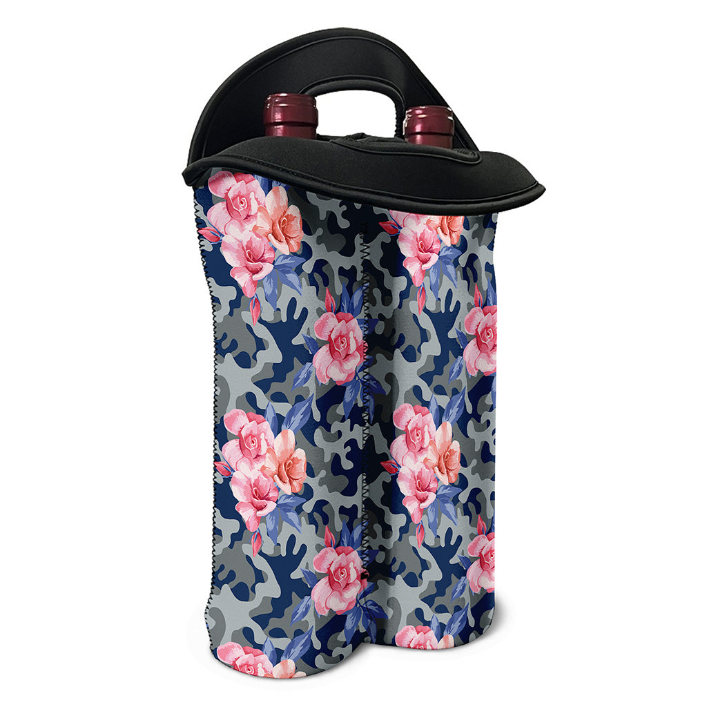 Pink Rose Flower Camouflage Print Double Neoprene Wine Tote