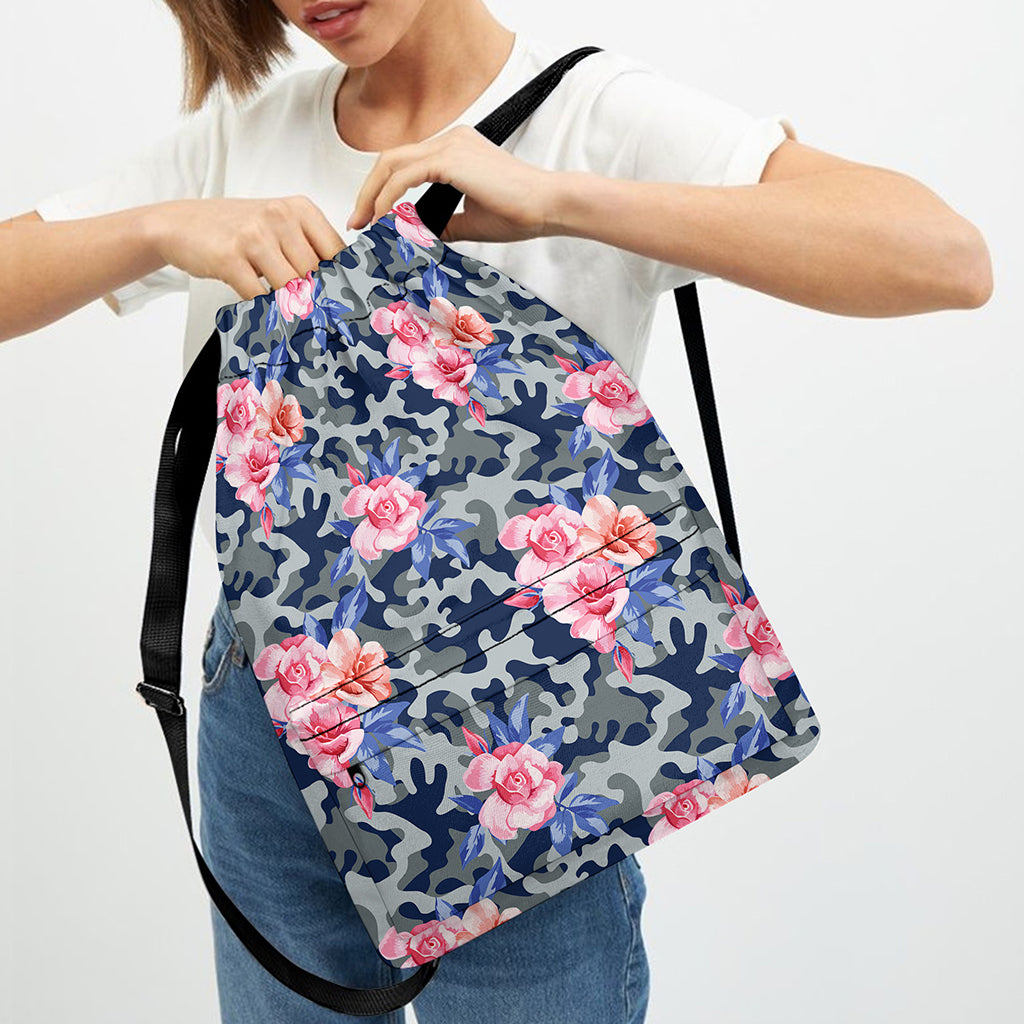Pink Rose Flower Camouflage Print Drawstring Backpack