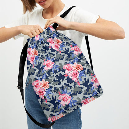 Pink Rose Flower Camouflage Print Drawstring Backpack