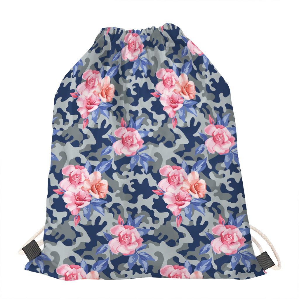 Pink Rose Flower Camouflage Print Drawstring Bag