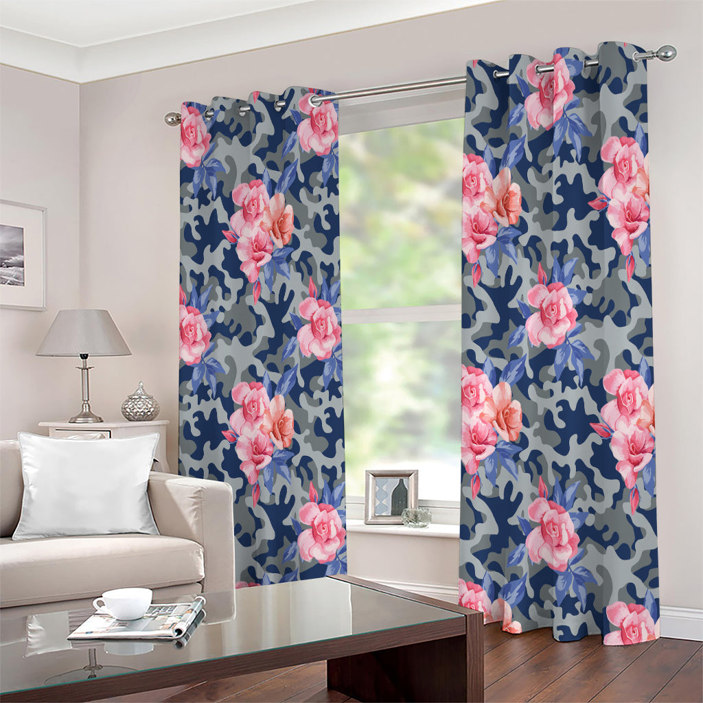 Pink Rose Flower Camouflage Print Extra Wide Grommet Curtains