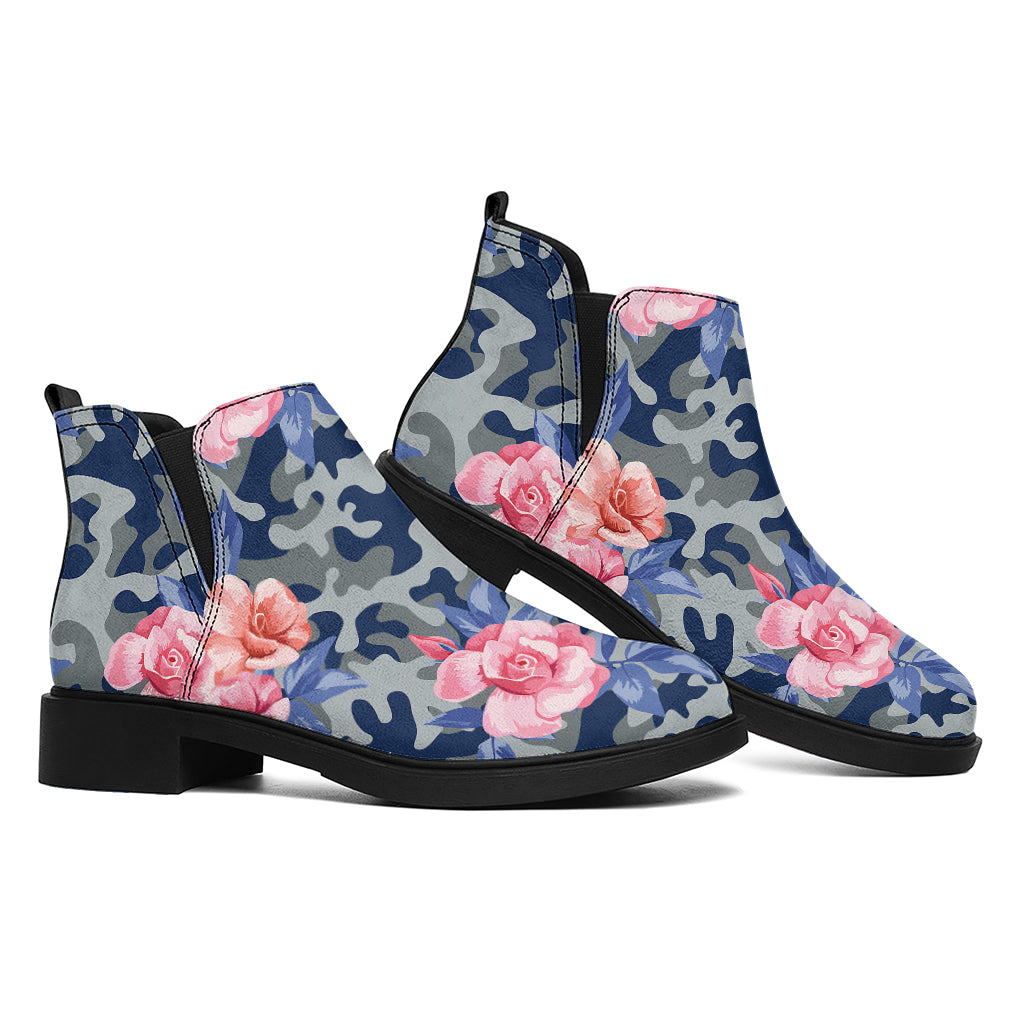 Pink Rose Flower Camouflage Print Flat Ankle Boots