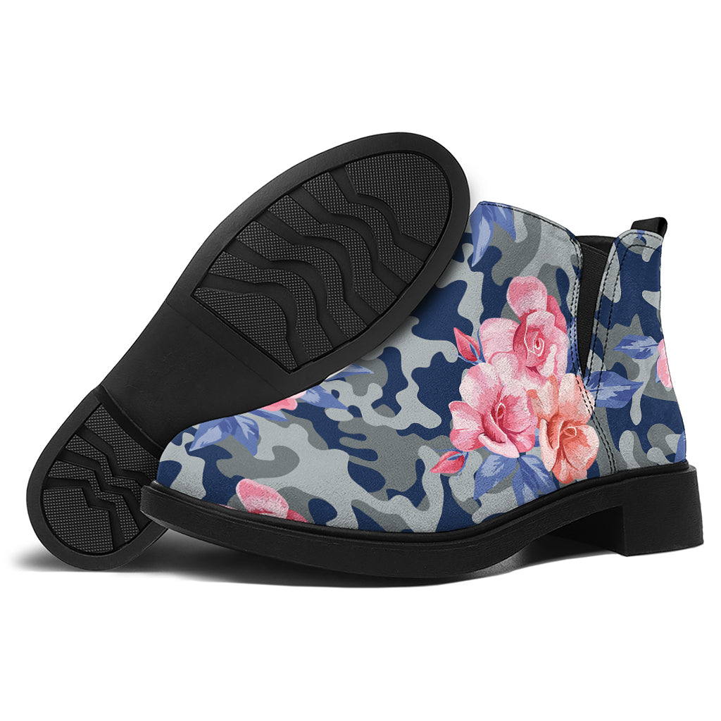 Pink Rose Flower Camouflage Print Flat Ankle Boots
