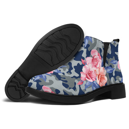 Pink Rose Flower Camouflage Print Flat Ankle Boots