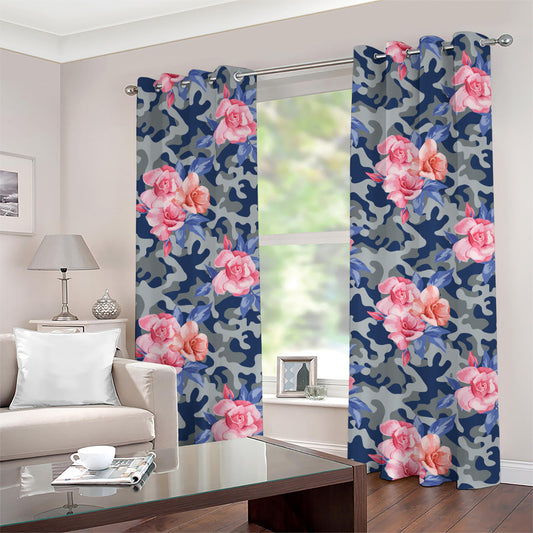 Pink Rose Flower Camouflage Print Grommet Curtains